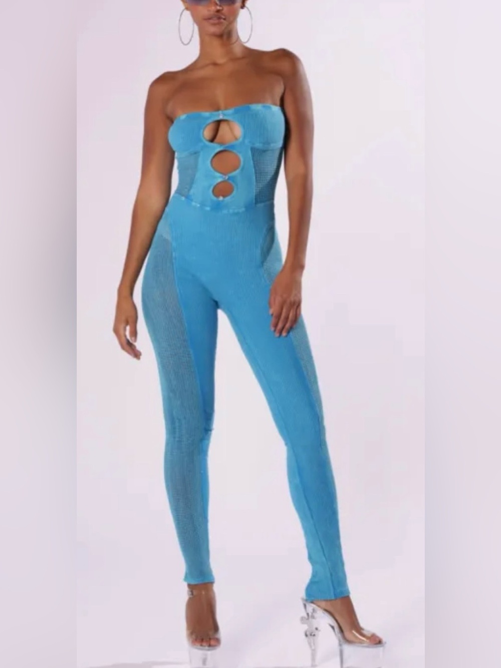 Akira mesh Strapless bodycon Cutout Blue Jumpsuit size L